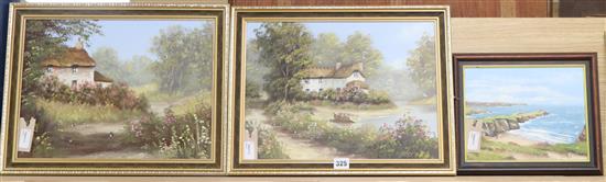 Terry Heath (Contemporary), Cottages in rural settings, signed, oil on canvas, a pair and a small coastal oil by Tom Page